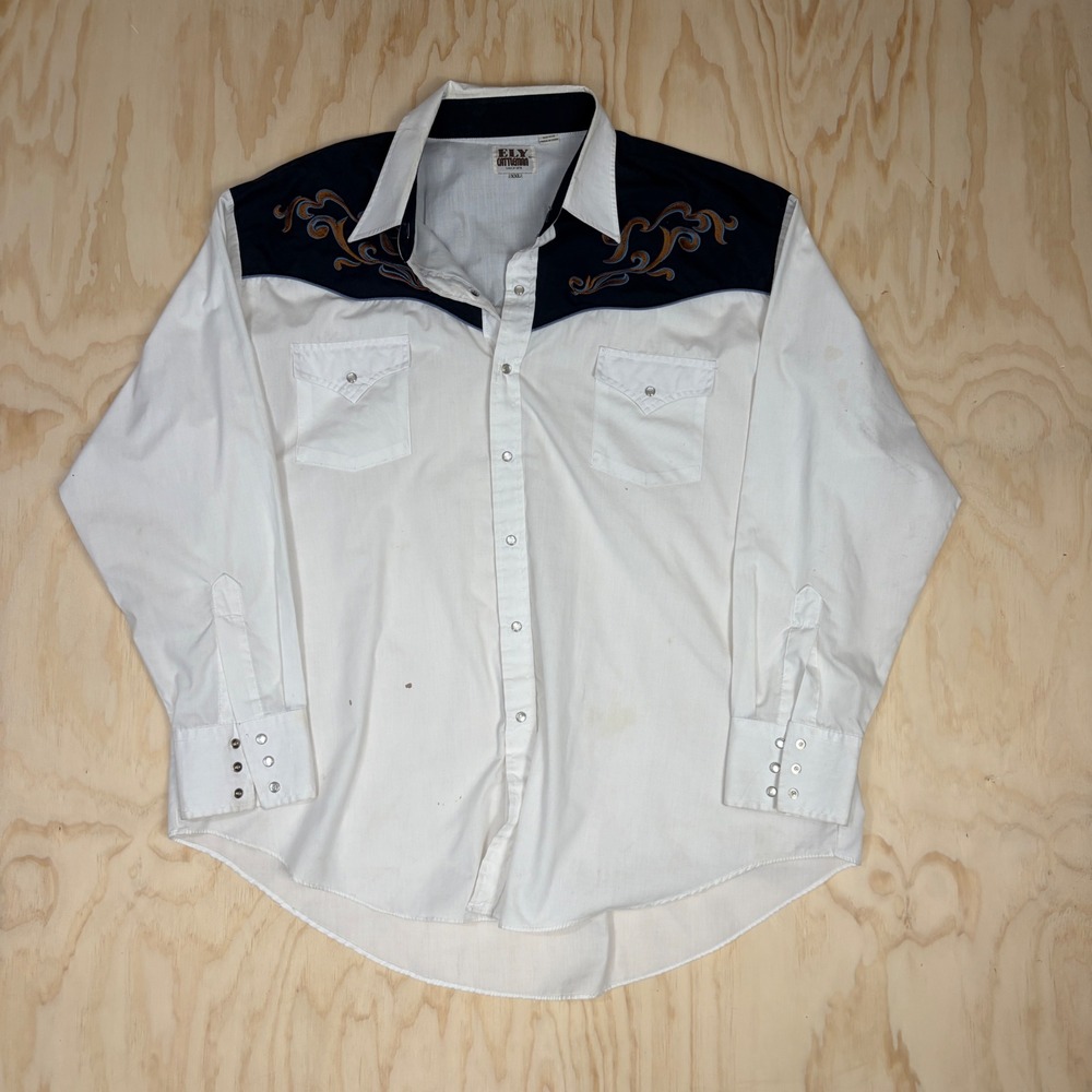 Ely Cattleman Mens XXL Western Snap Shirt White Black Embroidered Yoke Cowboy